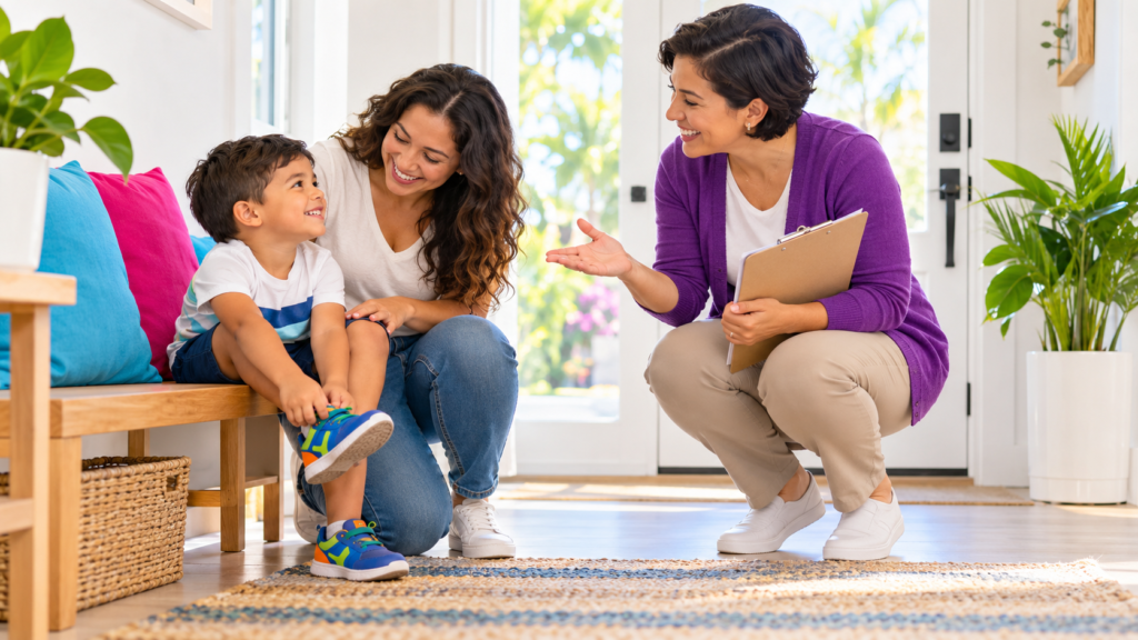 ABA therapist with a clipboard coaching a mother as her young son puts on his own sneakers in their home entryway