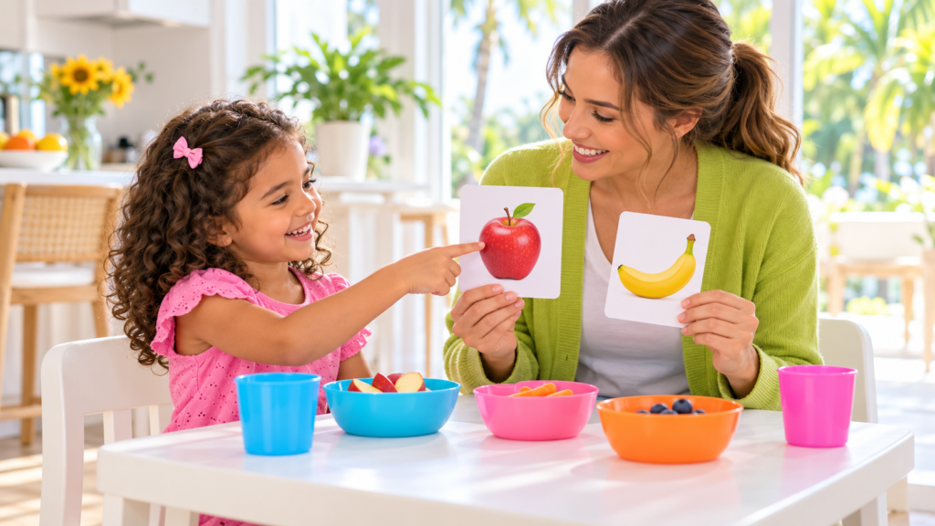 Young girl pointing to an apple picture card held by her therapist to choose a snack during an in-home ABA session