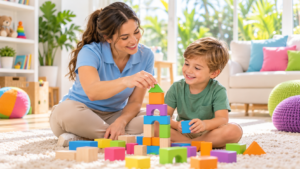 Smiling therapist and young boy building a colorful block tower on the living room rug during in-home ABA therapy in Miami